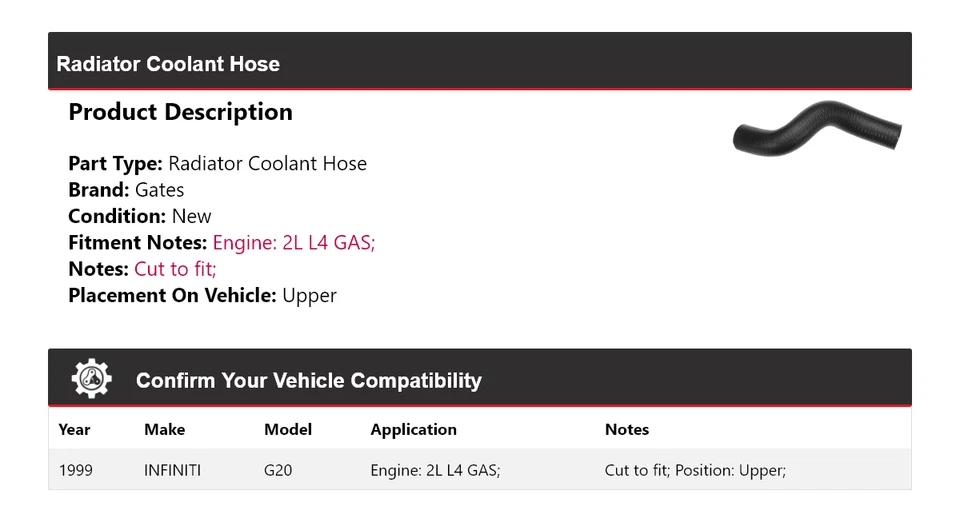 Manguera de refrigerante de radiador de gas Infiniti G20 1999 2L L4 puertas superiores Foto 2 de 4