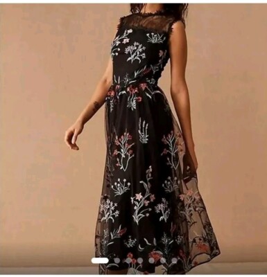 BHLDN Isabel Garcia Floral Embroidered Tulle Midi Dress Sleeveless Black  Size Xl | eBay
