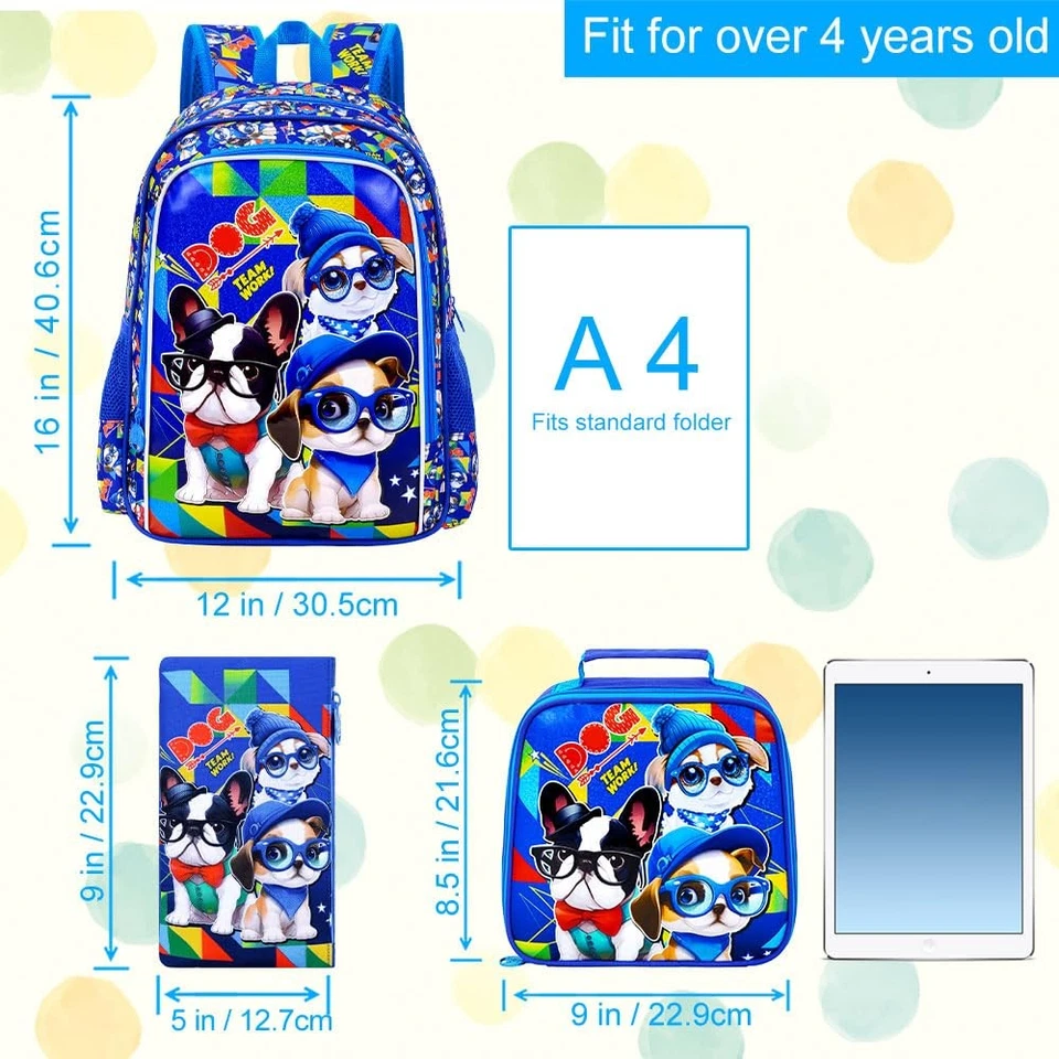 Mochila para niños 3 piezas 16" resistente al agua bolsa para libros para niños con lonchera para perro Foto 4 de 4