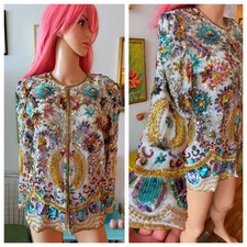 Vintage Laurence Kazar Silk Iridescent Sequin Trophy Jacket Art Deco Glam S M