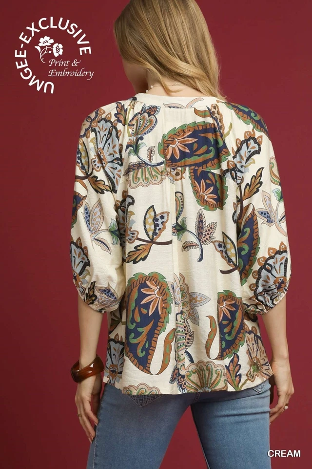 Blusa UMGEE Boho Paisley Manga Abullonada - Crema Foto 2 de 4