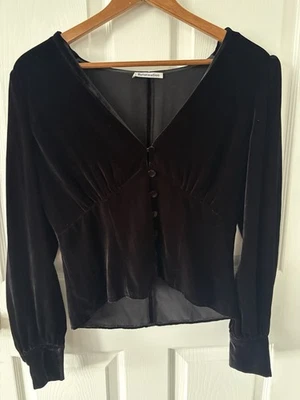 Reformation Top Women's Size 8 Black Velvet Silk Blend V-Neck Long Sleeve Witchy