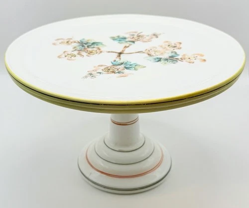 Antique Farmhouse Milk Glass Cake Stand Plate Hand Painted Floral Cottagecore