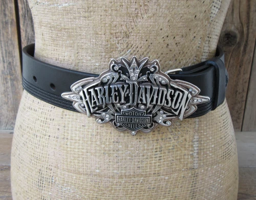 Women's Harley Davidson Belt Buckle w/Rhinestones Size 36 Black Leather Belt