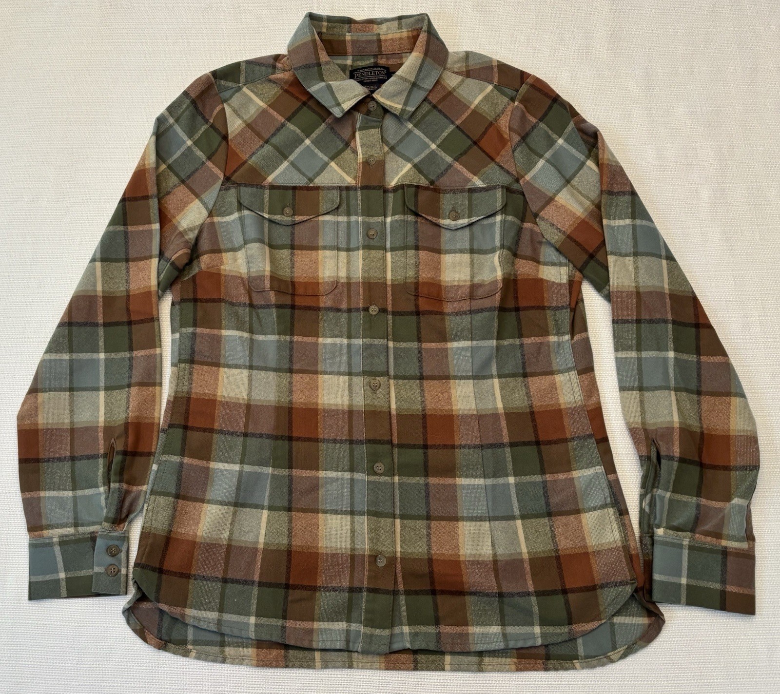 Pendleton Men's Medium Green Orange Plaid Western Shirt 100% Virgin Wool