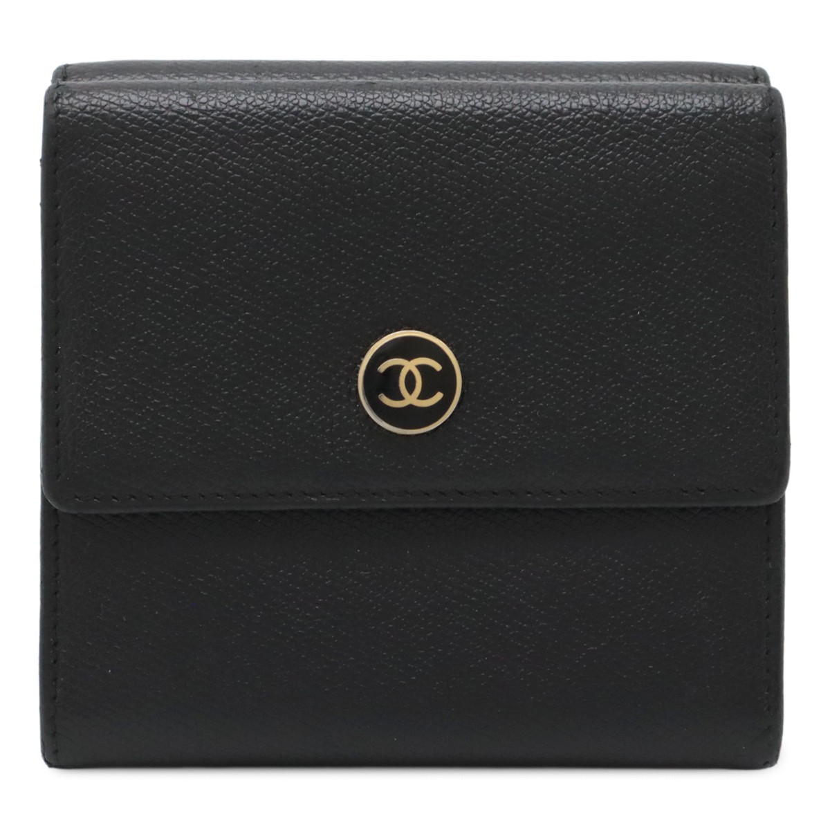 CHANEL Coco Button Tri-fold Leather Wallet Black Gold Double Hook A20902 5788