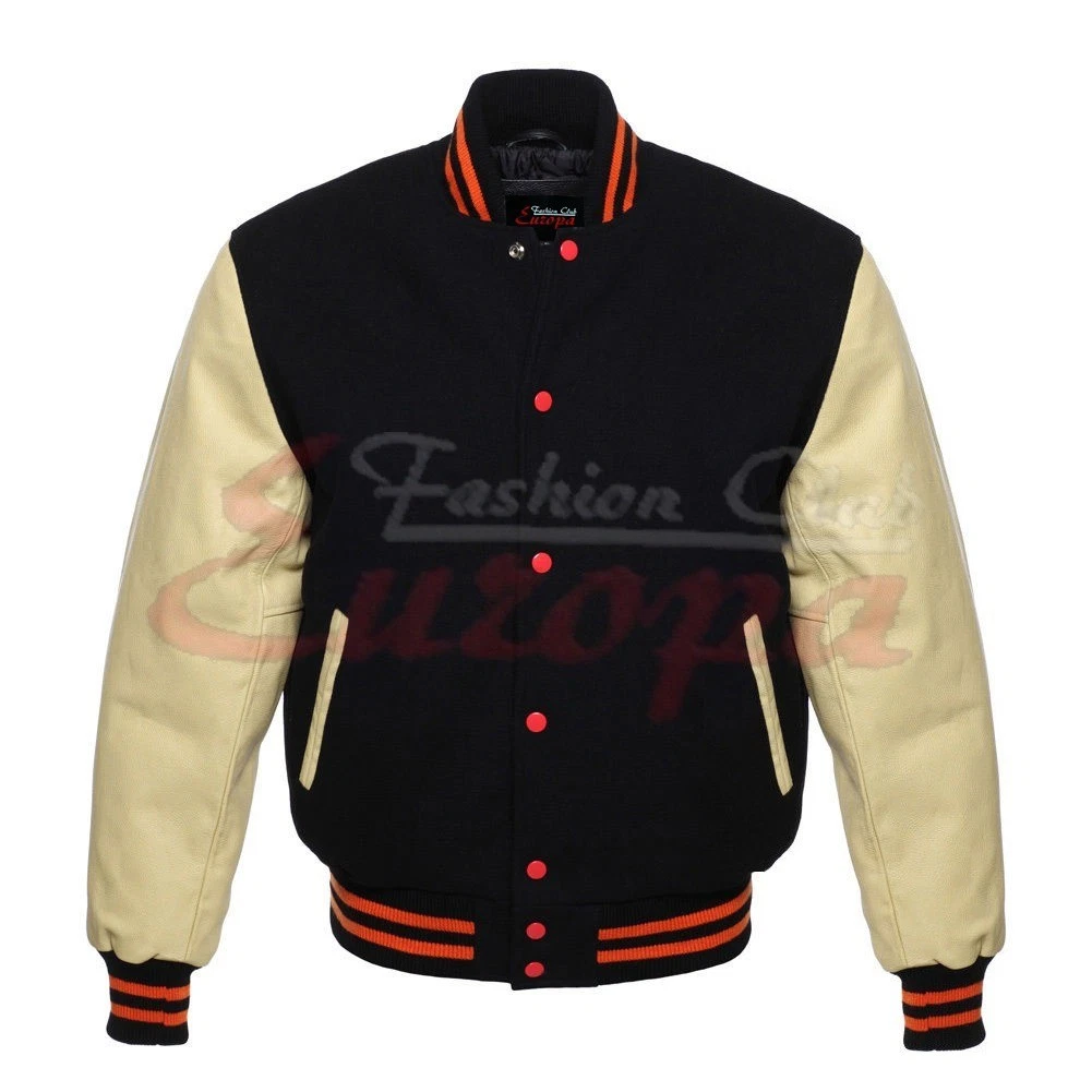 Wool Baseball Jacket with Leather Sleeves Premium Letterman Outerwear Jacket