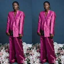 Fuschsia Silk Satin Women Suit Evening Party Prom Plus Size Ladies Outfit Blazer