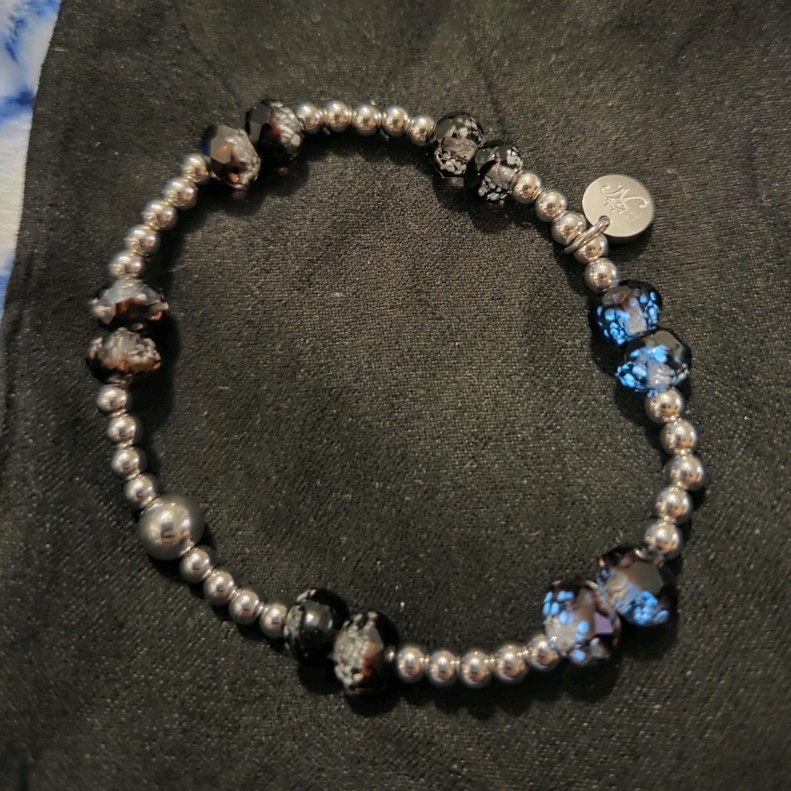 Beaded Charm Bracelet Ball/Bead Chain Silver Tone Blue Round Crystal Beads