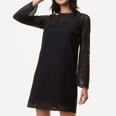 Ann Taylor Loft Black Lace Bell Sleeve Mini Dress flattering women's 4 eyelet