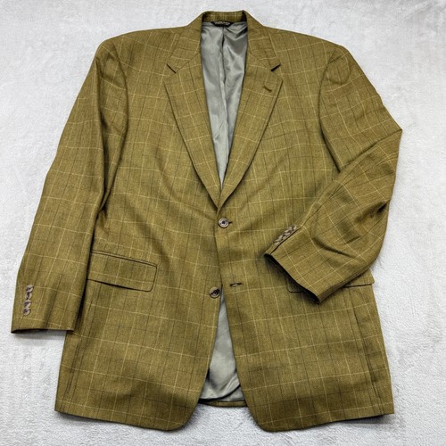 Austin Reed Mens Blazer 42L Olive Green Herringbone Wool Windowpane Sport Coat