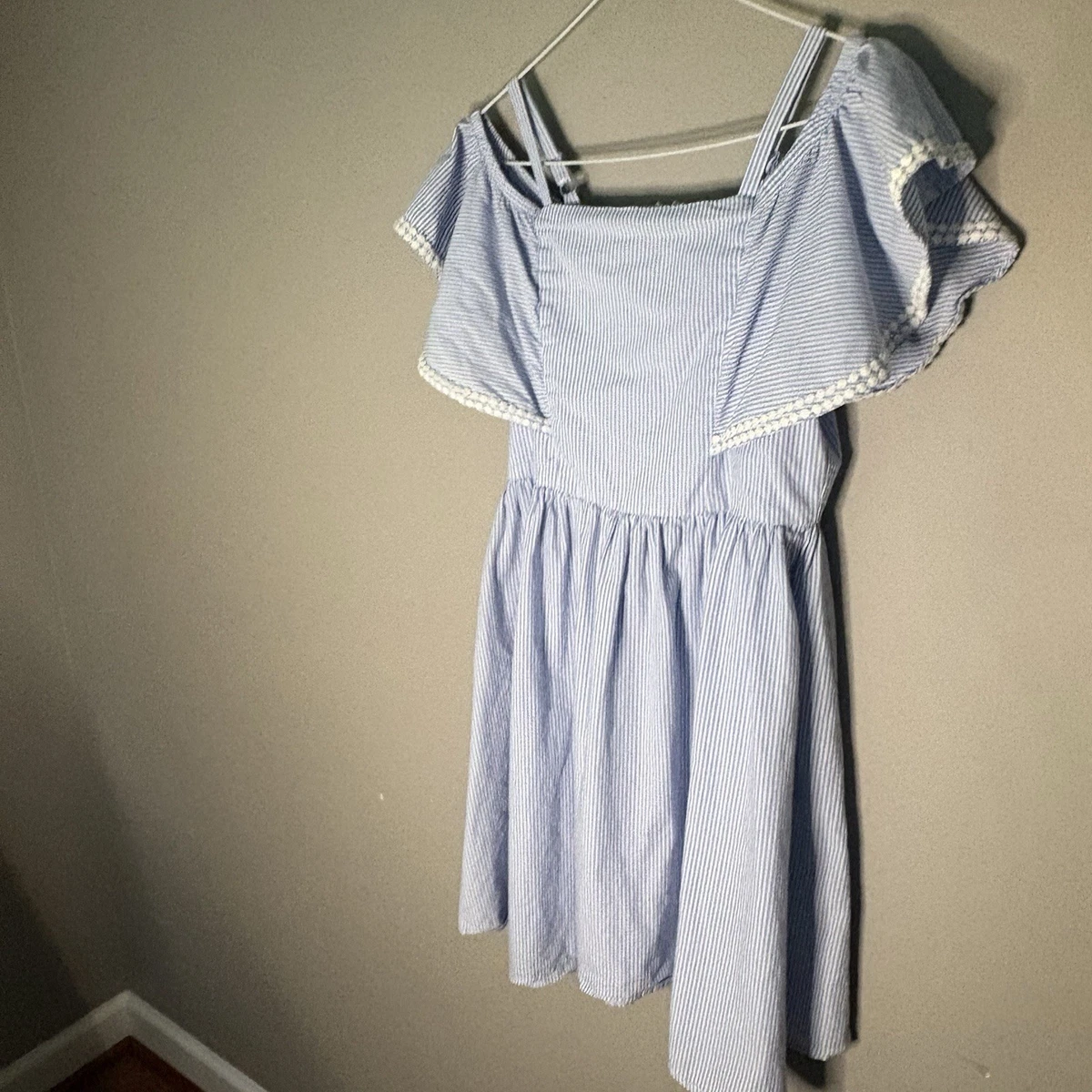 BGBG Girls Off-Shoulder Summer Dress Size 16 Blue White Stripe Embroidered