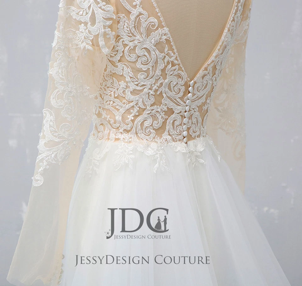 Fit Flare Crepe Meerjungfrau Spitze Brautkleid Hochzeitskleid m.Tüll Schleppe - Bild 2 von 4