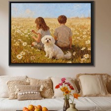 Floral Still Life Oil Painting Maltese Dog Canvas Print Living Room Decor Art