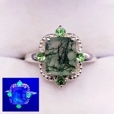 Sterling Moss Agate Uranium Glass Ring Emerald Cut 925 Silver