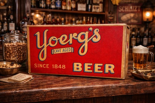 VINTAGE YOERG'S CAVE AGED CARDBOARD BEER CASE YOERG BREWING CO. MINN St Paul
