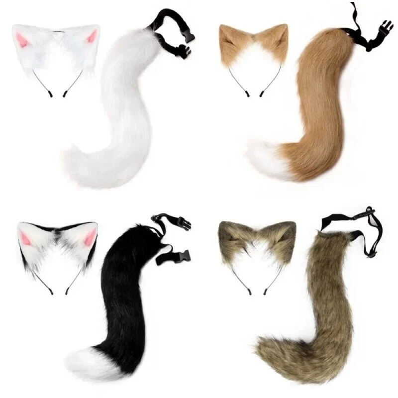 Faux Fur Fox Wolf Ears Headband Furry Long Tail Anime Cosplay Halloween Costume - Image 2 of 4