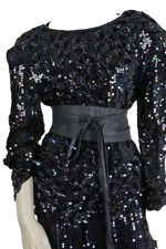 Vintage Long Sleeve Belted Blouse Midi Skirt Black Sequin Elegant Set Suit Sz S