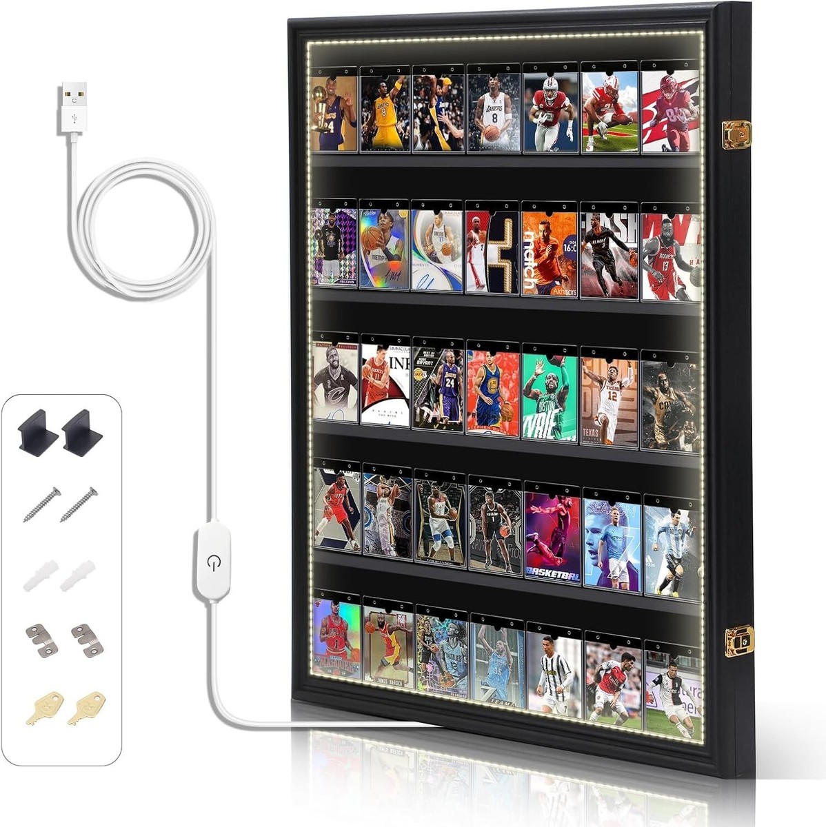 Graded Trading Card Display Case 35 LED Light Sport Baseball Wood