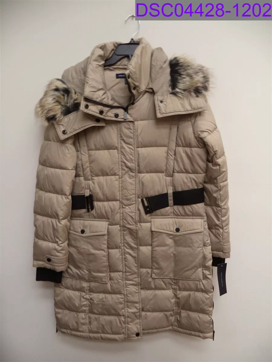 Women's Large French Connection Faux Fur Trim Belted Hoodie Puffer Jacket  Khaki | eBay