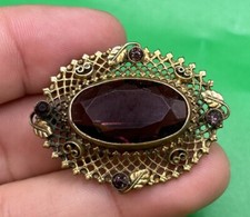 Vintage Amethyst Purple Crystal Filagree Leaf Lin Brooch Czech? Gold Tone