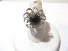SARAH COVENTRY LOOPY SILVER TONE FLOWER RING ADJUSTABLE BLACK RHINESTONE SIGNED