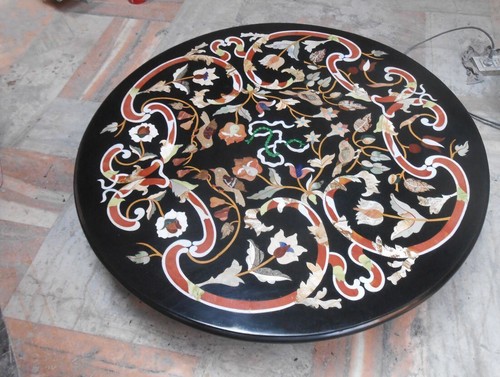 30'' black antique Marble center coffee Table Top Inlay Mosaic pietra dura - Picture 3 of 4