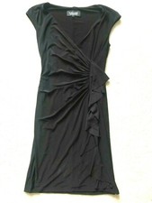Black Label By Evan Picone Black Dress Cap Sleeve Faux Wrap Ruffles Size 2