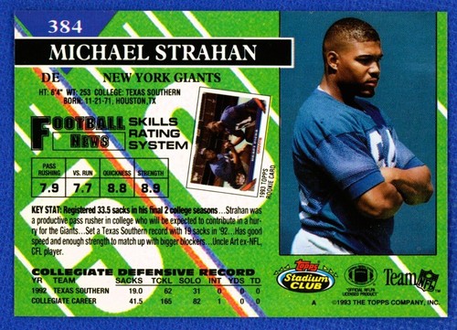 1990 Fleer Update Football # 384 Michael Strahan Rc Rookie New York Giants HOF - Picture 2 of 2