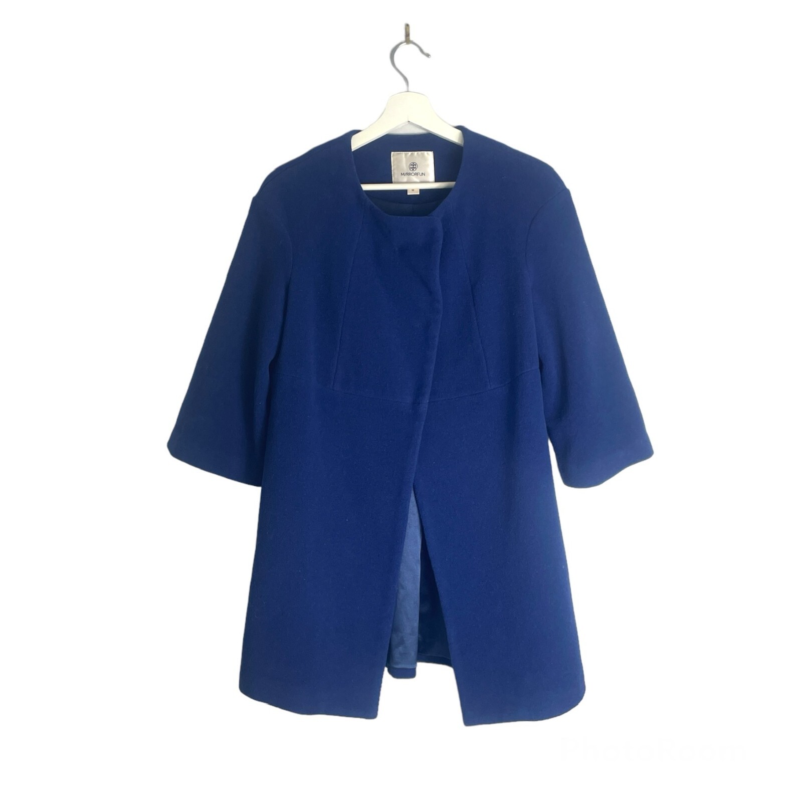 Stylish Blue Wool Coat with Mirror Fun Detail Size Medium  -image