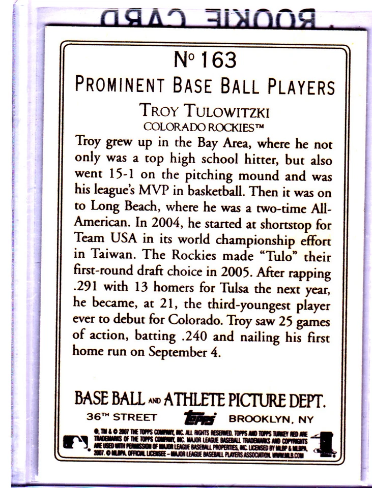 TROY TULOWITZKI ROOKIE CARD Topps Turkey Red RC Baseball Rockie TORONTO BLUE JAY - Image 2 of 2