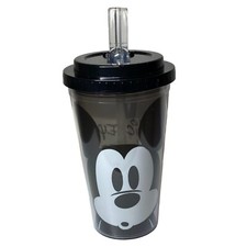 New Disney Mickey Mouse Flip Straw Acrylic Cup 16 Oz w/ Lid Black  White - NWT