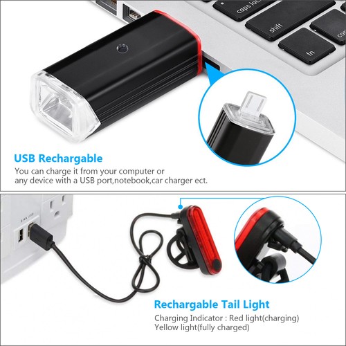 Bike Bicycle Lights USB LED Rechargeable Set Mountain Cycle Front Back Headlight - Picture 5 of 10