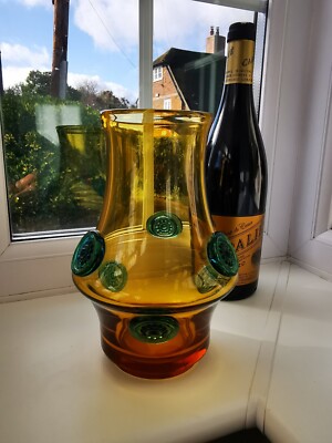Vintage Tschechische Prachen Bernstein & Blau Kunst Glas Vase entworfen von J. Hospodka um 1969