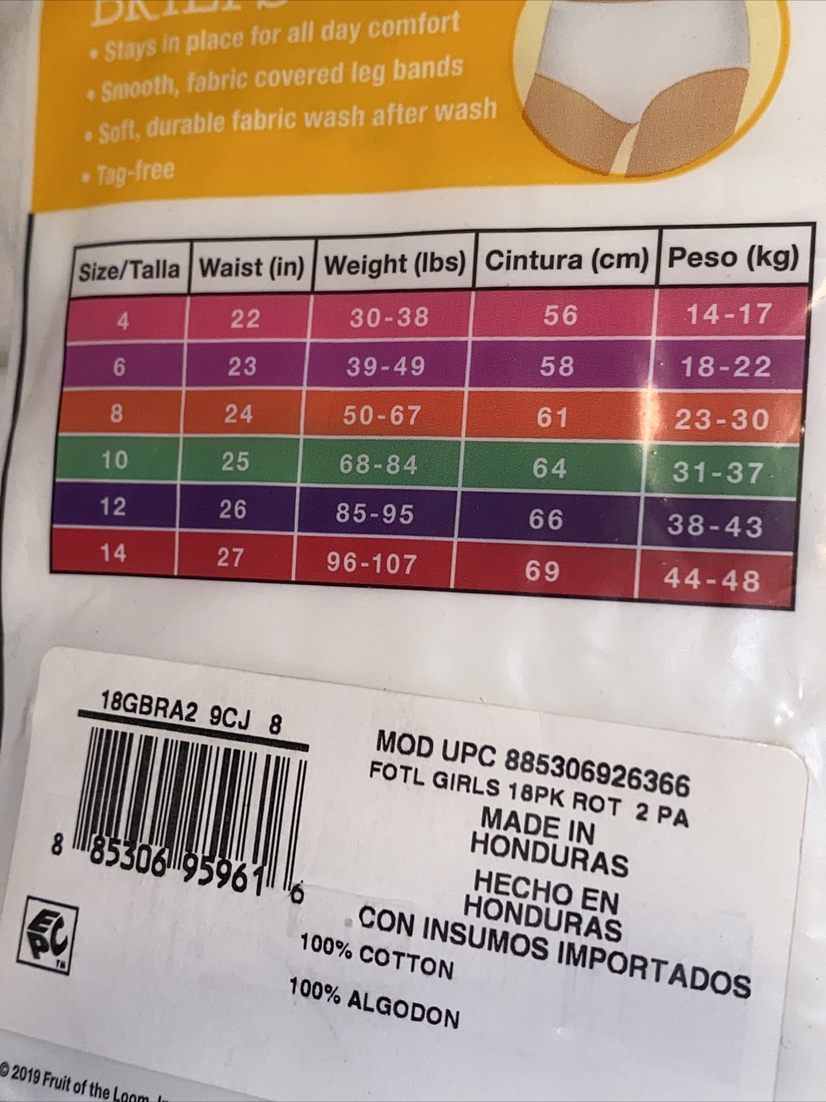 fruit of the loom tallas