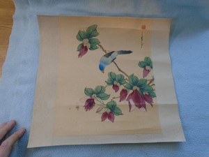 Vintage Chinese Painting On Paper Bird Insect In Flora With Red Artist Seal