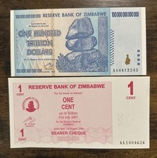 2008 2007 Zimbabwe 100 Trillion Dollars and One Cent banknotes Uncirculated