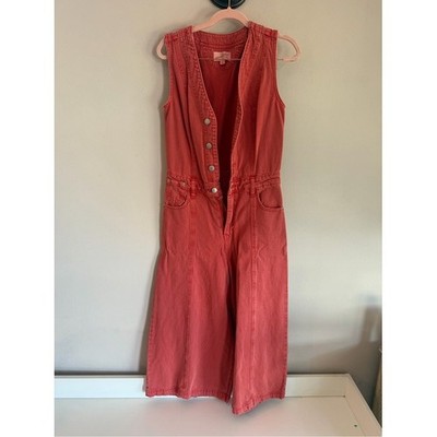 Universal Thread Womens Coral Red Denim Wide Leg Button Front Jumpsuit Size 2