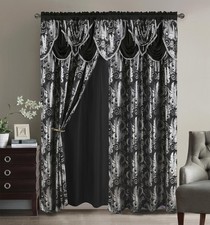Jacquard Luxury Window 2 Panel Set Black Curtain with Attached Valance and Ba...