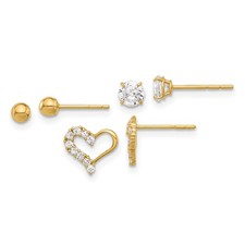 14K Yellow Gold Polished Cubic Zirconia Ball and Heart Stud Earring Set