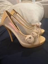 Betsey Johnson Mesh Peep Toe Heels Rosette Nude Patent Trim Leopard Insole Women