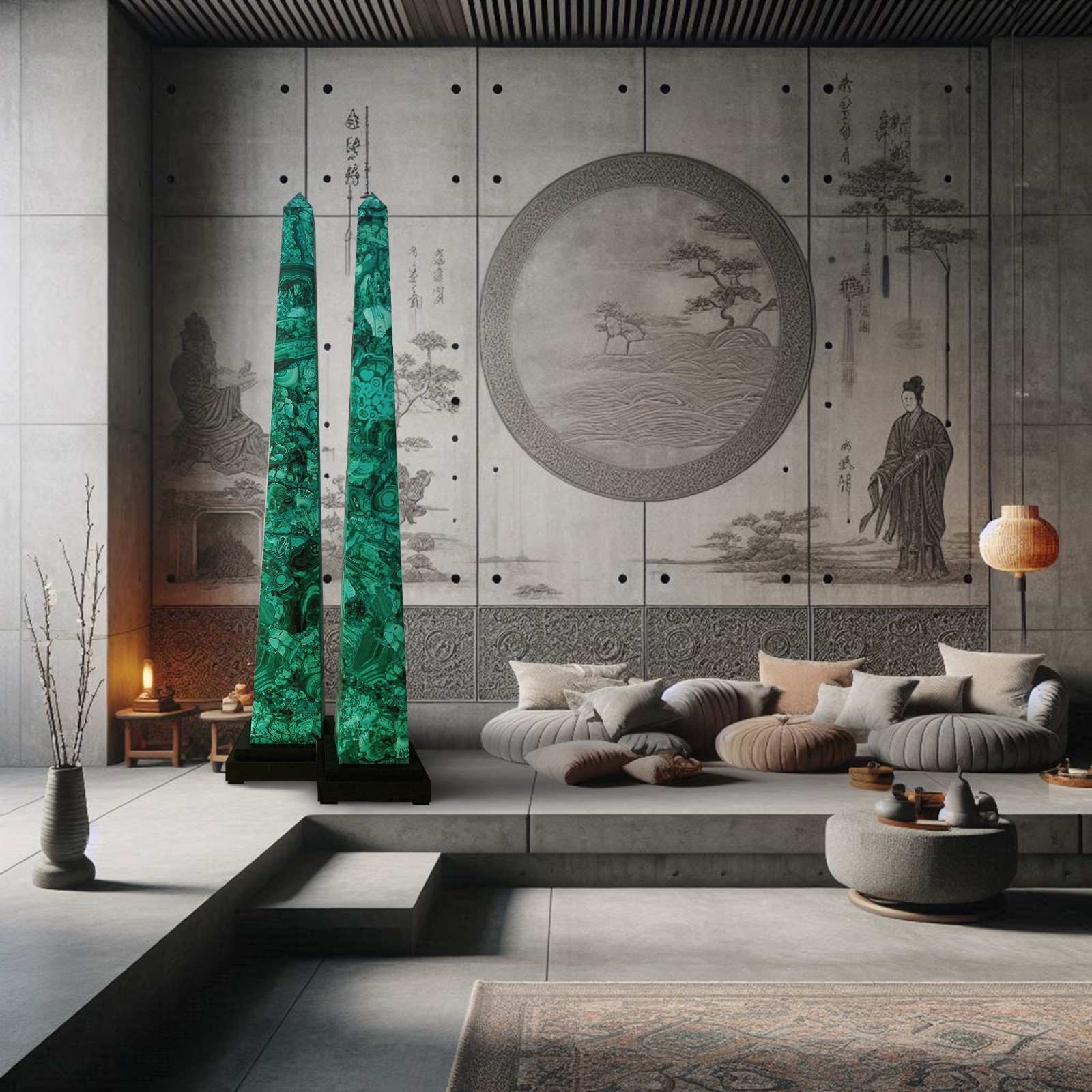 2 obélisques en silex malachite 85 cm : paire de statues minérales pour décoration d'intérieur
