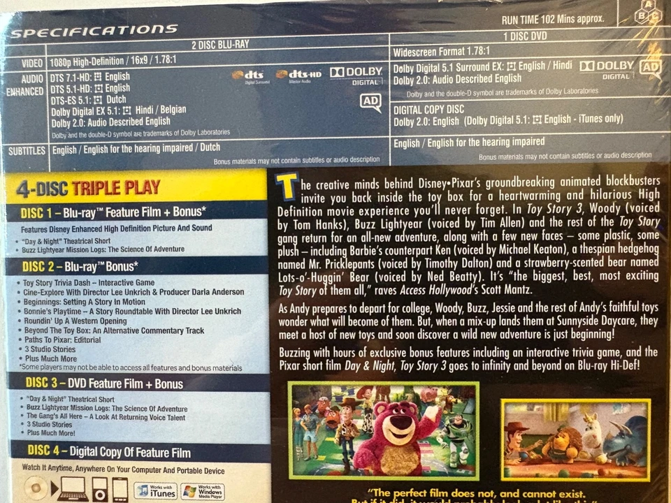 Disney's Toy Story 3 With Tom Hanks 2010 4 Disc Blu-Ray & DVD U New Sealed 682G - Image 3 of 3