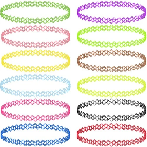 12 PCS Assorted Tattoo Stretch Jewelry Choker Necklaces Classic Gothic Colorful - product listing photo