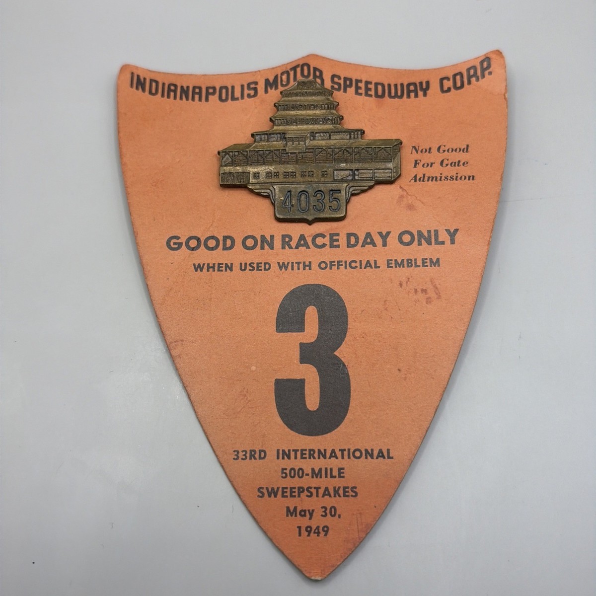 1949 Indianapolis Indy 500 Bronze Pit Pass Badge On Card | eBay