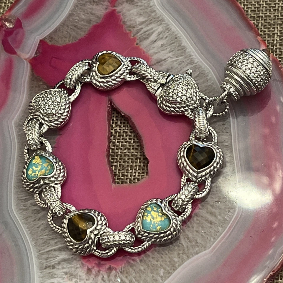 Judith Ripka Sterling Silver Tigers Eye Turquoise Heart Doublet Bracelet 8.25” - Image 4 of 4