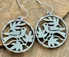 Etched Antique Silver Bird Dangle Earrings.  Boho Chic. Bamboo