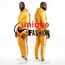 Men's Yellow/White Real Leather TrackSuit Sweatsuit With Hoodie Jacket Trousers