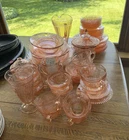 Vintage Pink depressed Glass Floral Dish Set,  Dinnerware