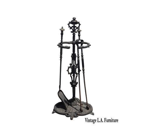 Vintage French Country Black Wrought Iron Set of Two Fireplace Tools
